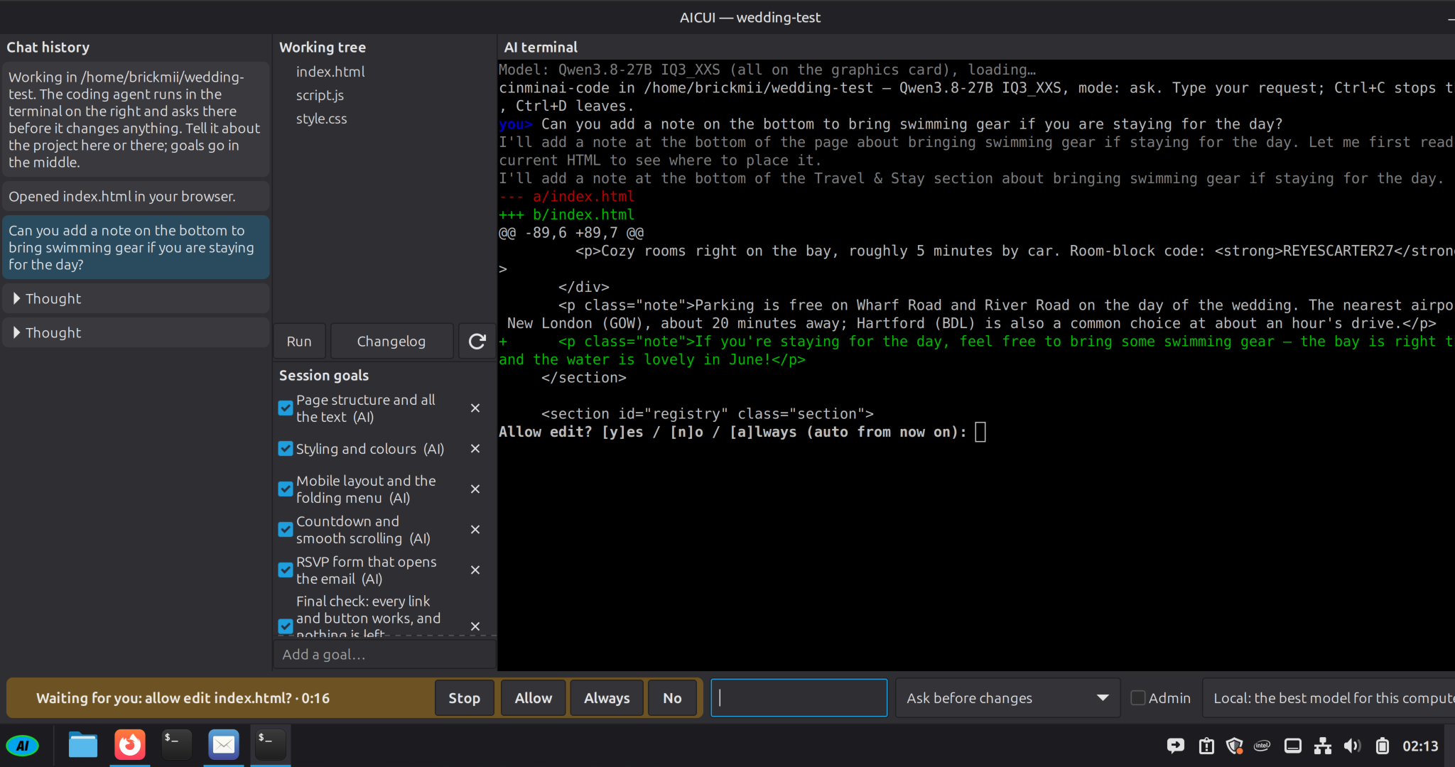 AICUI showing its change to index.html with a bar: Waiting for you: allow edit index.html? Allow, Always, No